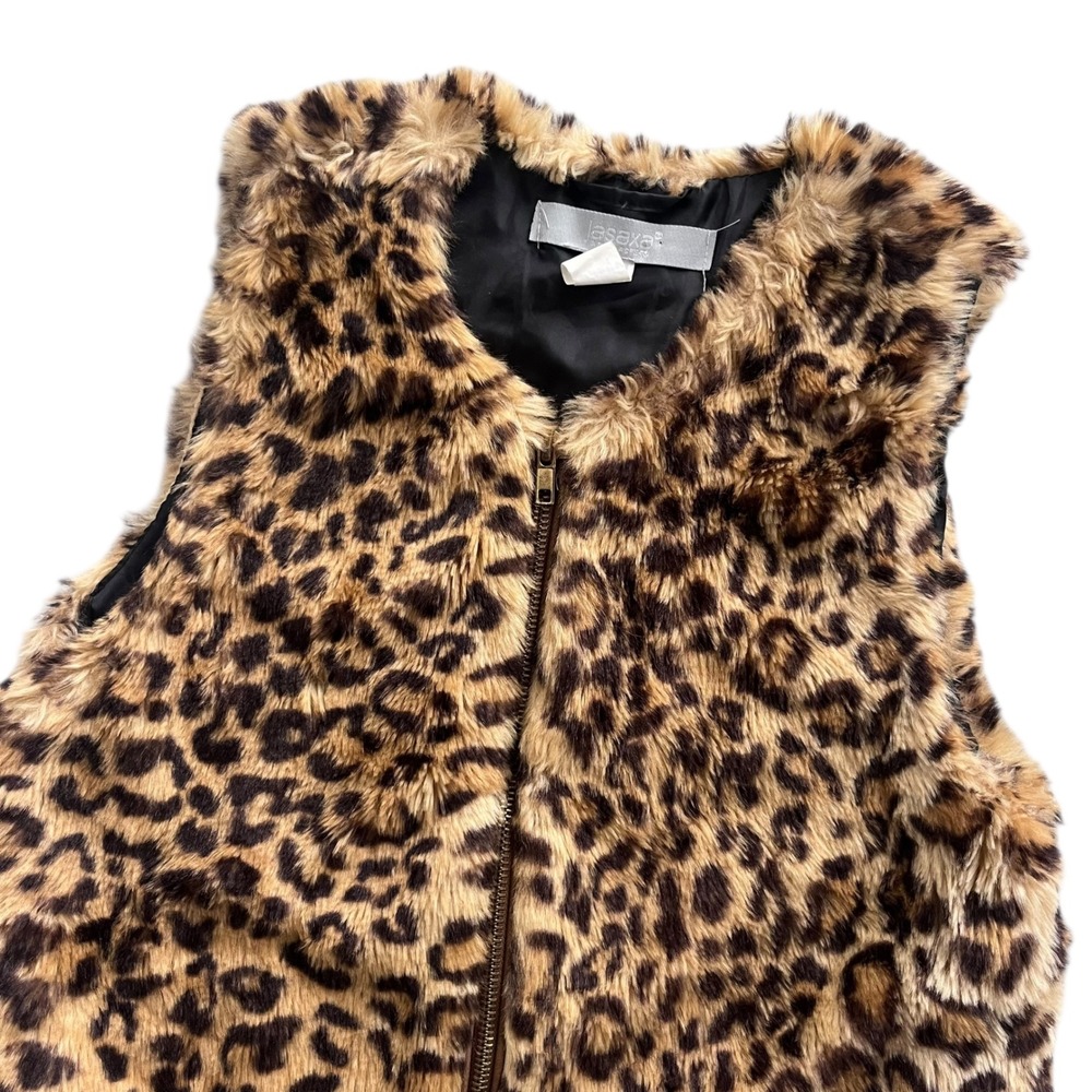 Jasaxa Junior 5/6 Tan Brown Faux Fur Leopard Print Full Zip Front Cozy Vest Boho